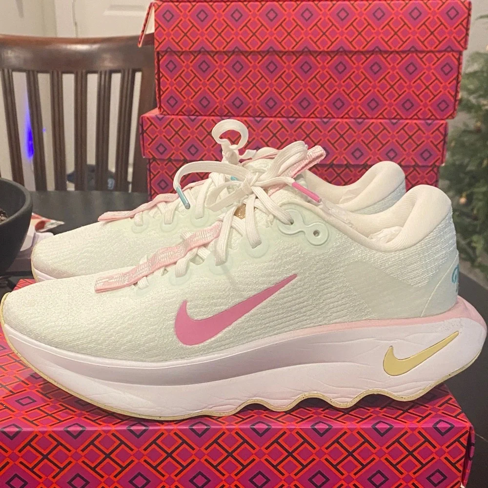 White/Pastel Green and Pink Athletic Sneakers - Picture 3 of 7
